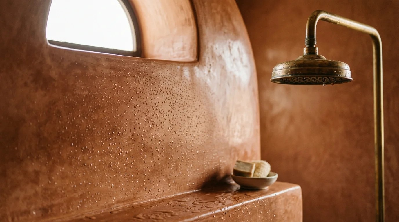 A close-up of water droplets beading on a smooth, warm terracotta Moroccan Tadelakt plaster wall in a wet room.