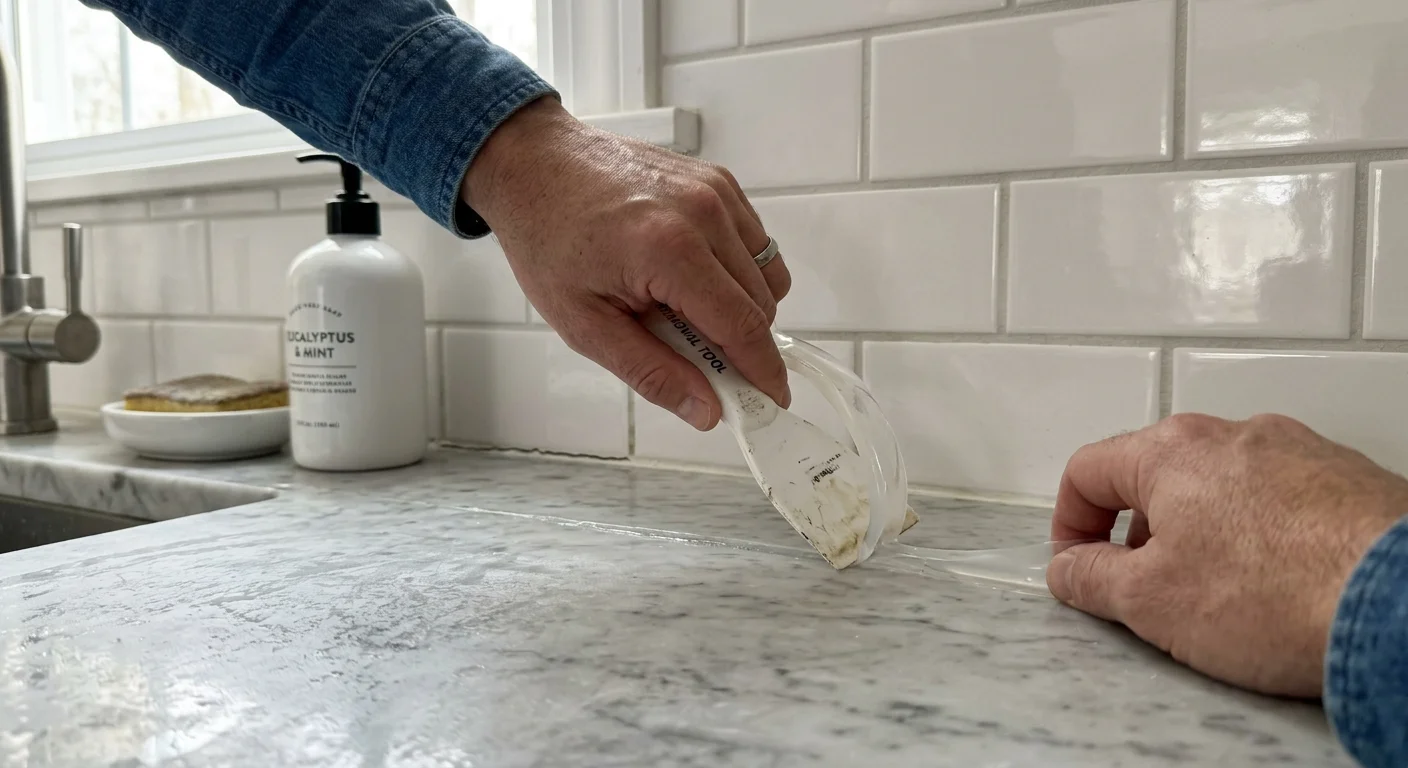 A close-up photo of hands peeling a clean line of silicone caulk from a marble countertop seam using a white plastic putty knife.