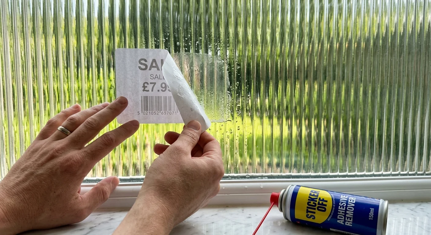 A close-up photo of hands peeling a sticker off a fluted glass window, with a spray can on the windowsill in soft focus.