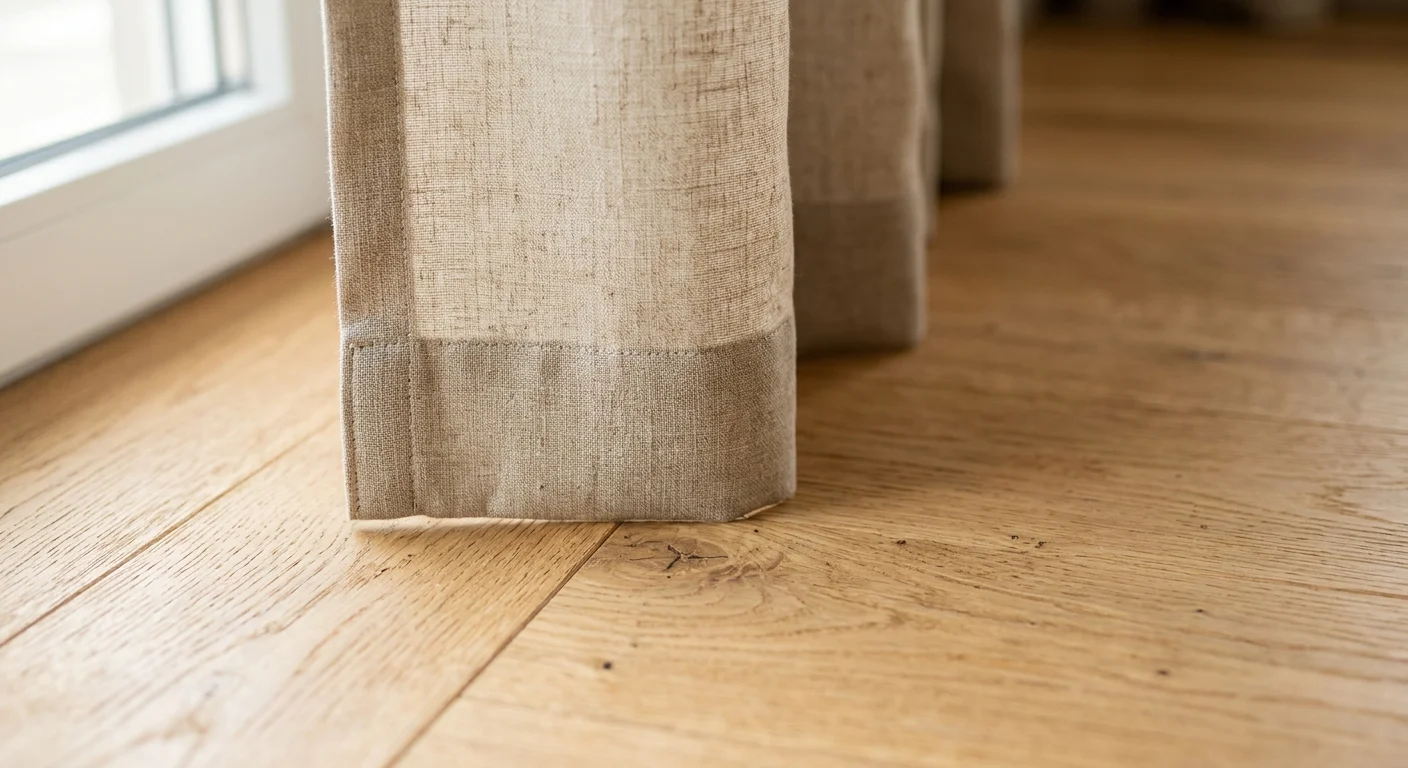 A close-up photograph of a beige curtain hem perfectly touching a light oak wood floor, illustrating proper length.
