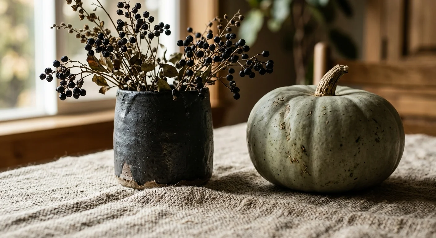 A close-up photograph of a textured ceramic vase, dried branches, and a natural heirloom pumpkin on a linen tablecloth.