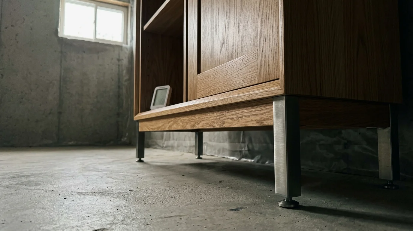 A close-up photograph of a wooden basement cabinet raised off the concrete floor on adjustable metal legs to prevent moisture damage.