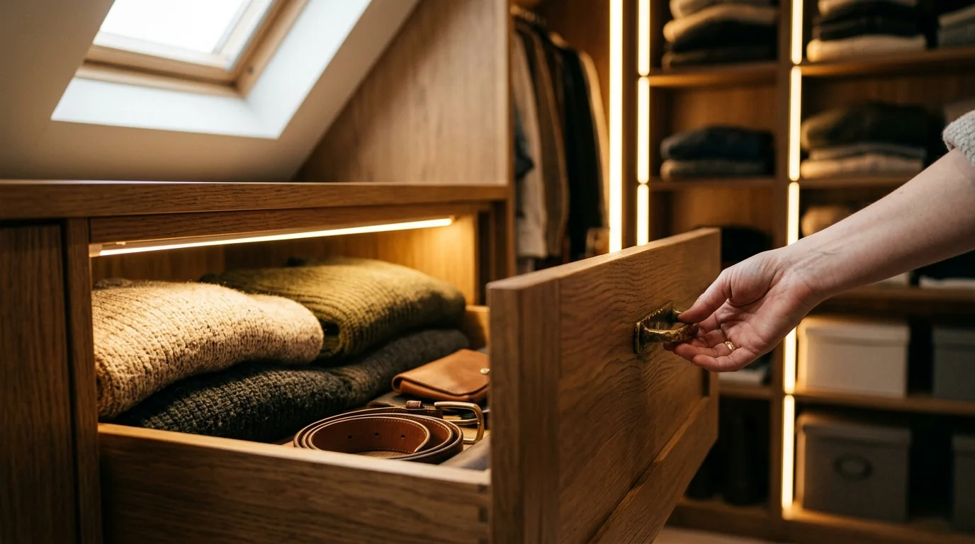 A close-up photograph of an open wooden drawer illuminated by built-in warm LED strip lighting, showing neat knitwear inside.