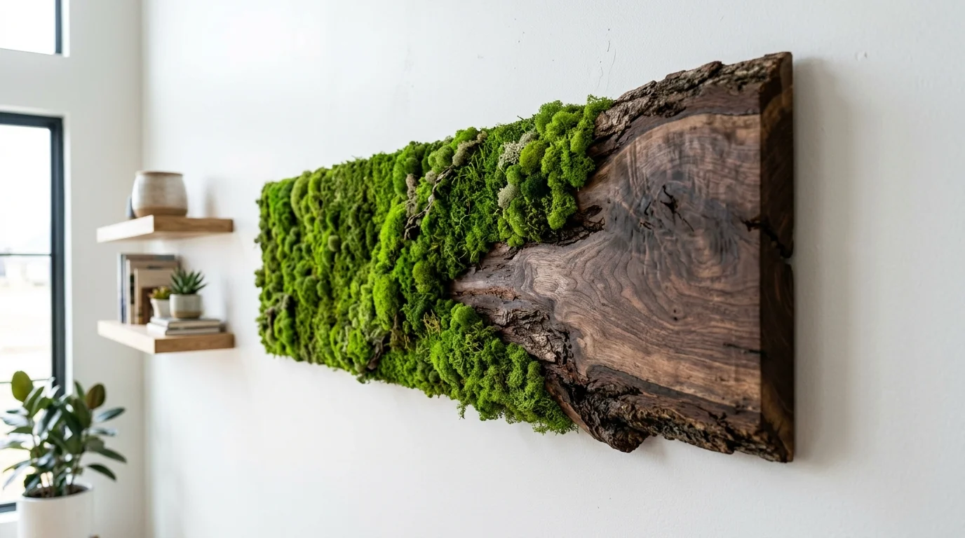 A close-up photograph of vibrant green preserved moss interlocked with a live-edge walnut wood slab on a white wall.
