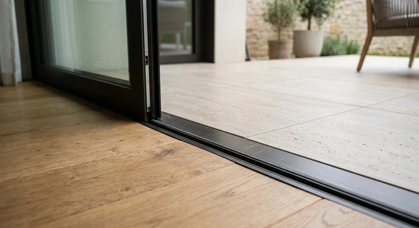 A close-up photograph showing a seamless, flush transition from indoor wood flooring to matching outdoor stone porcelain pavers.