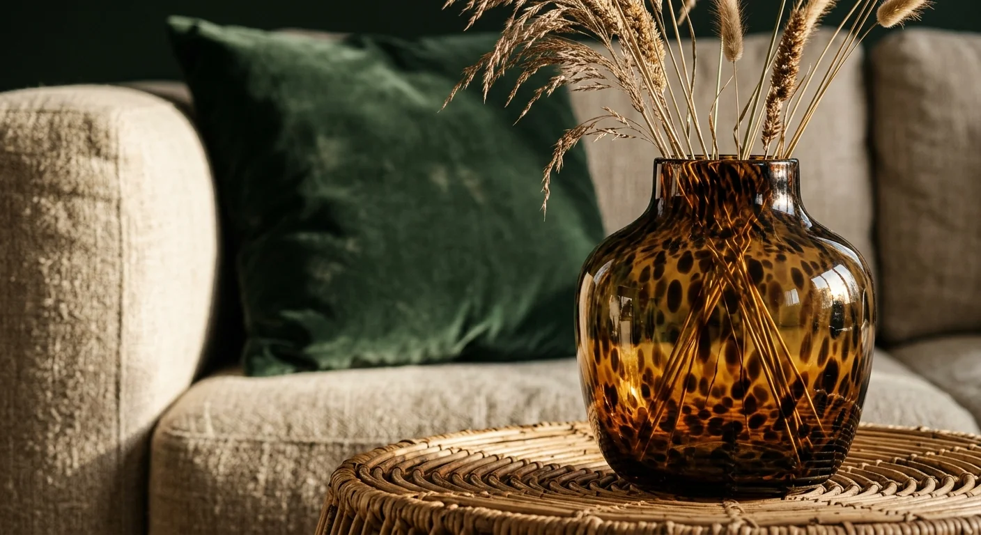 A close-up shot of a glossy tortoiseshell glass vase on a woven rattan table with a soft green velvet cushion in the background.