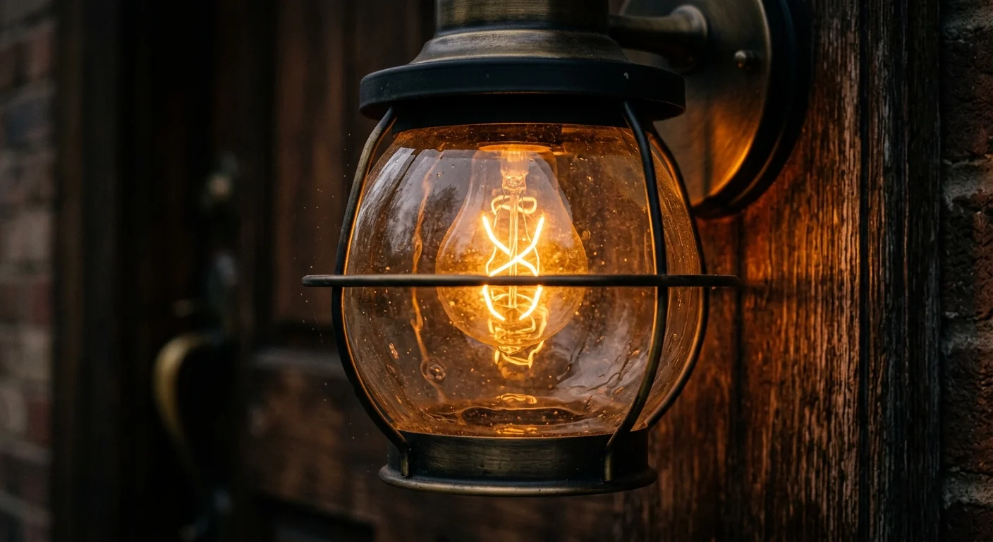 A close-up shot of a glowing vintage filament bulb inside a smart lantern, shifting to a warm amber light.