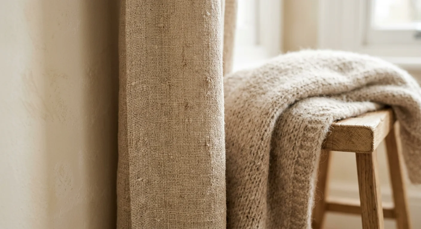 A close-up shot of a textured linen curtain and a wool throw against a warm, matte vanilla-painted wall.