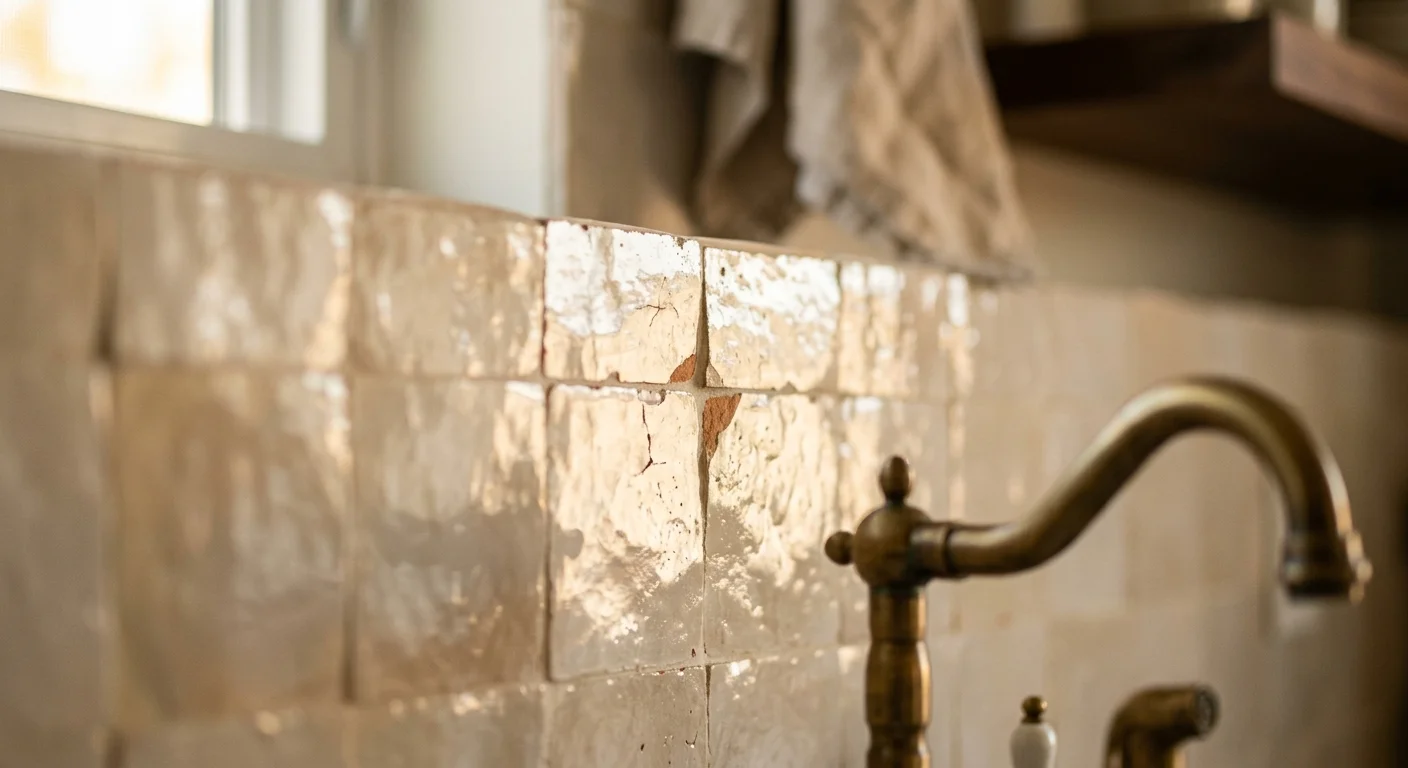 A close-up shot of hand-chiseled Moroccan Zellige tiles in warm ecru, highlighting the irregular edges and glossy glaze.