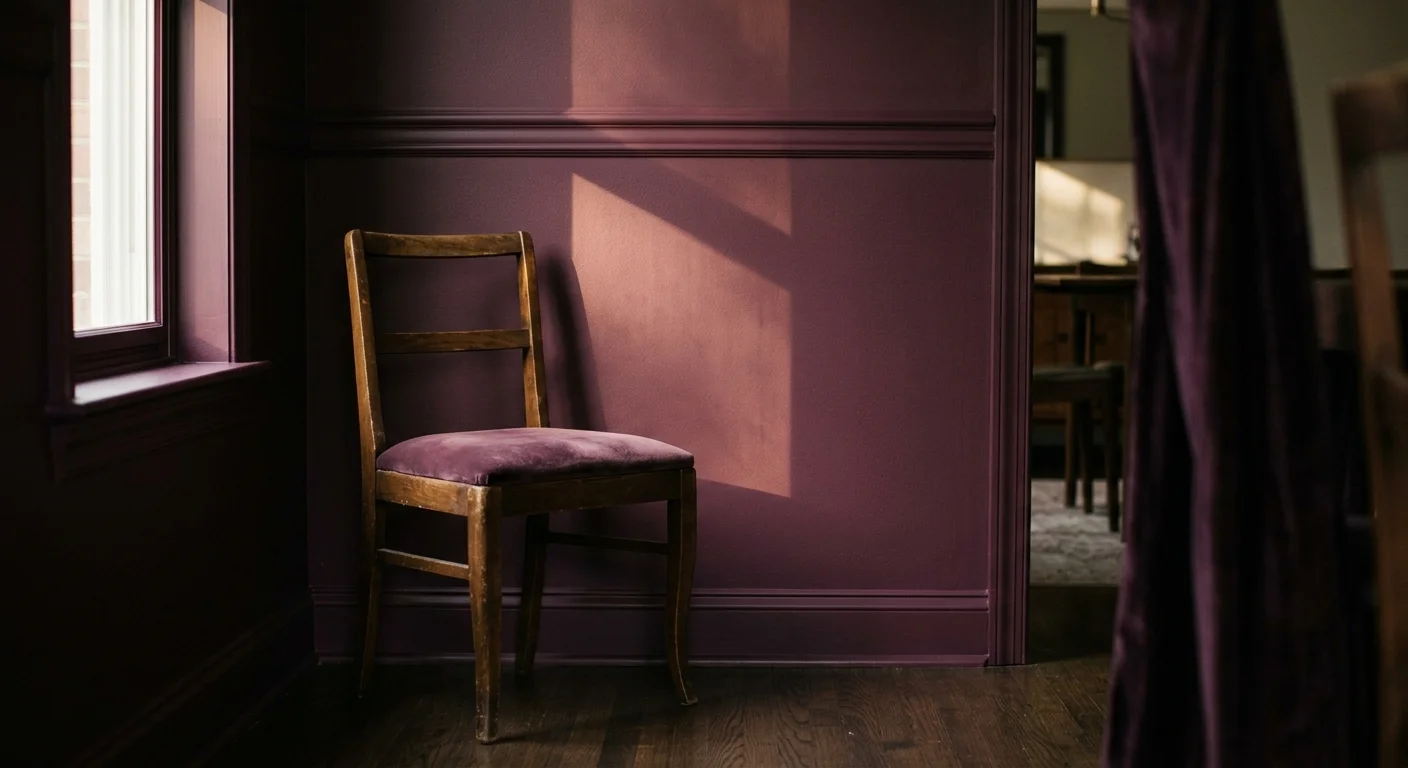 A color-drenched dining room corner with walls, moldings, and trim painted in a deep, matte aubergine, with a single walnut chair in a sunbe