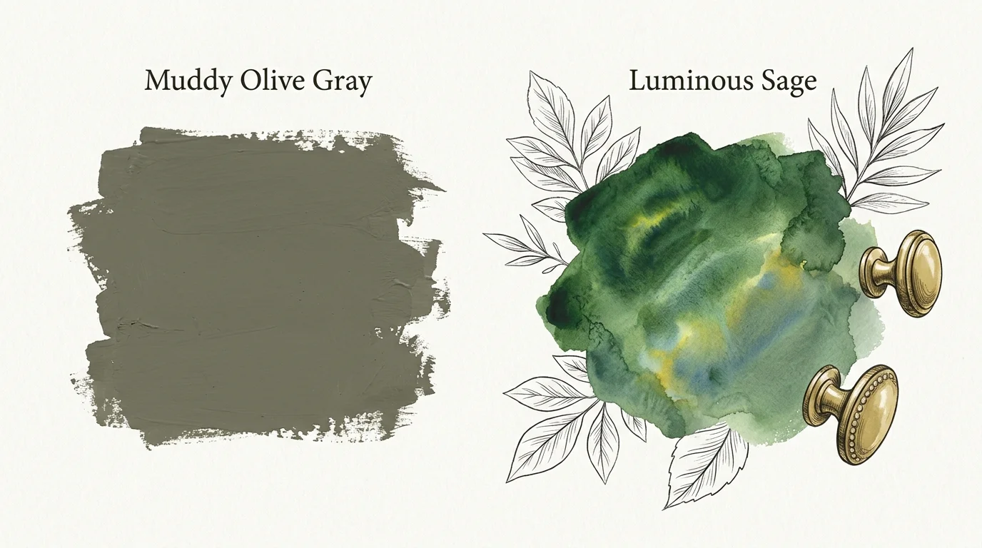 A color-theory graphic contrasting a dull muddy olive-gray swatch with a vibrant, luminous sage green swatch.