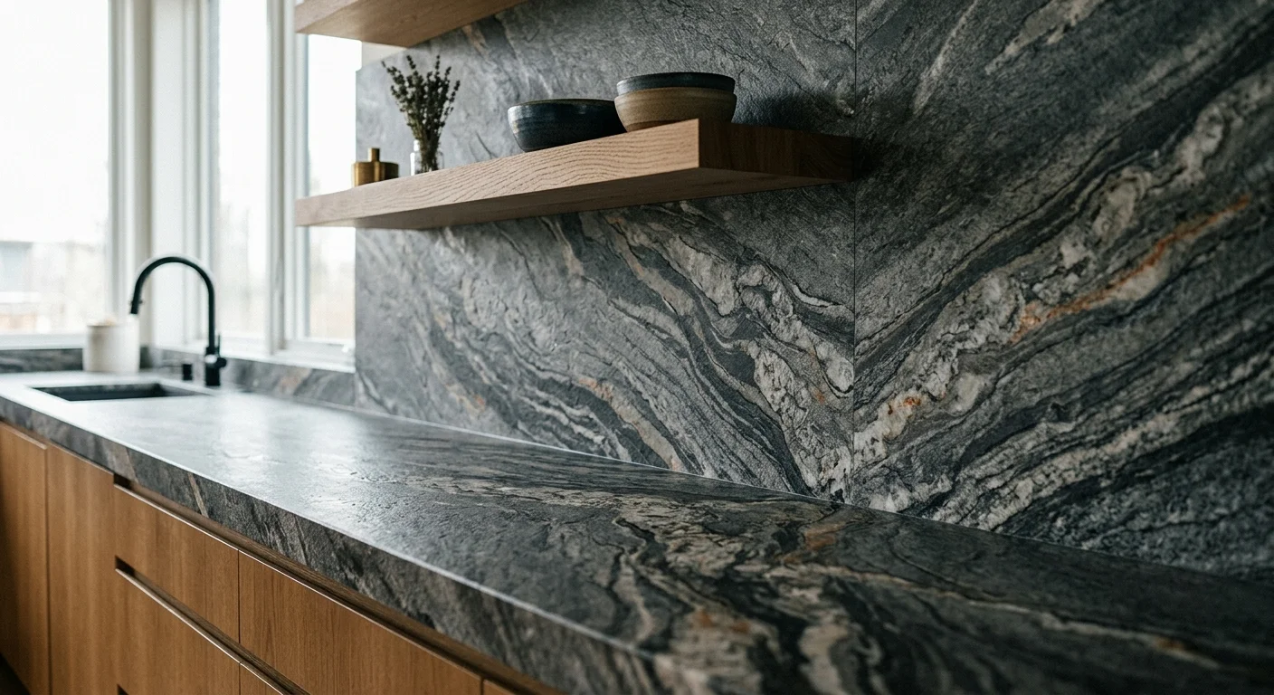A continuous dark grey quartzite stone slab backsplash with dramatic white veining and a floating oak shelf.