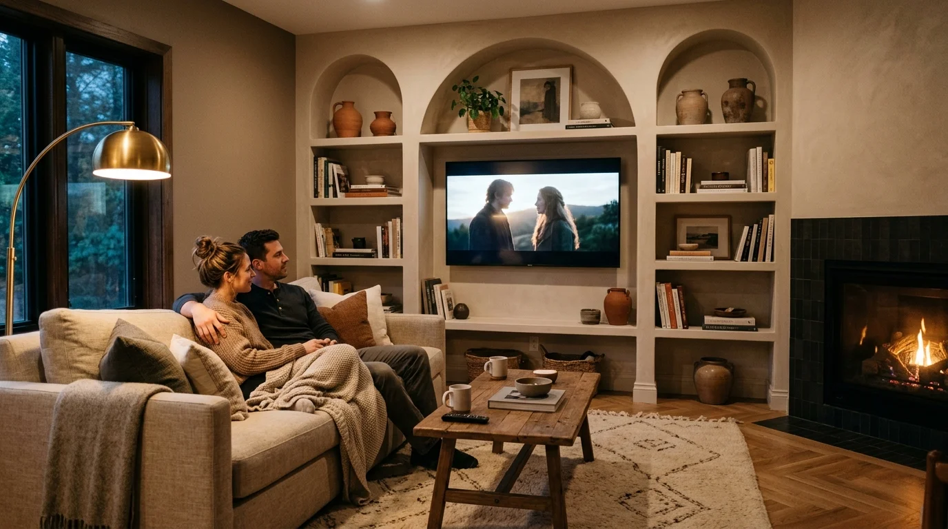 A couple relaxing in a warm, dimly lit modern living room where the TV is beautifully integrated into plaster built-in shelves.