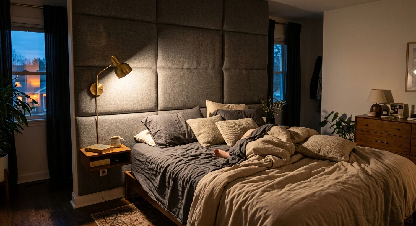 A cozy bedroom photograph showing a padded grey wool upholstered fabric accent wall behind the bed.