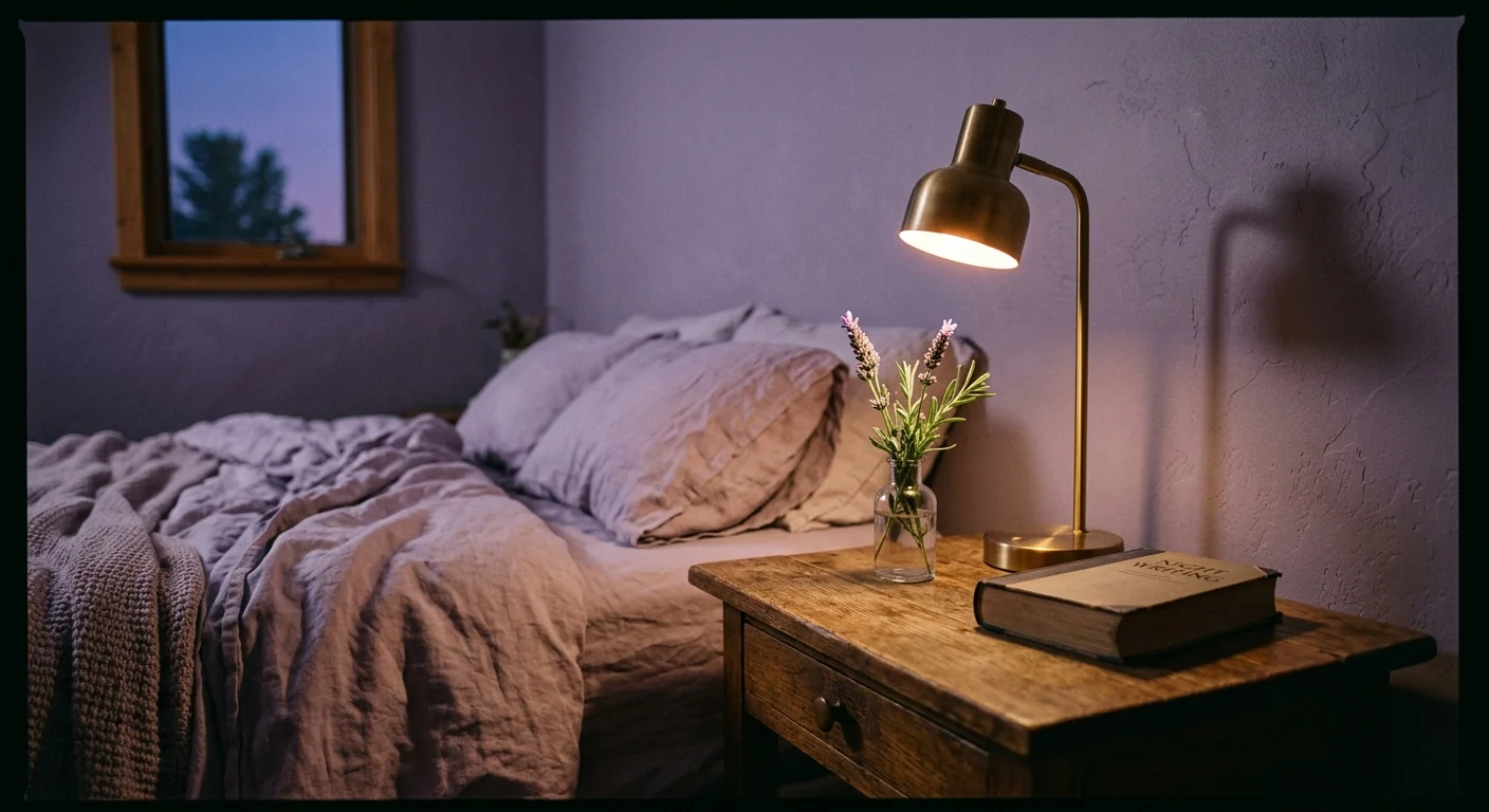 A cozy bedside table with a lamp, lavender sprig, and a book against a restful dusky lavender wall at dusk.