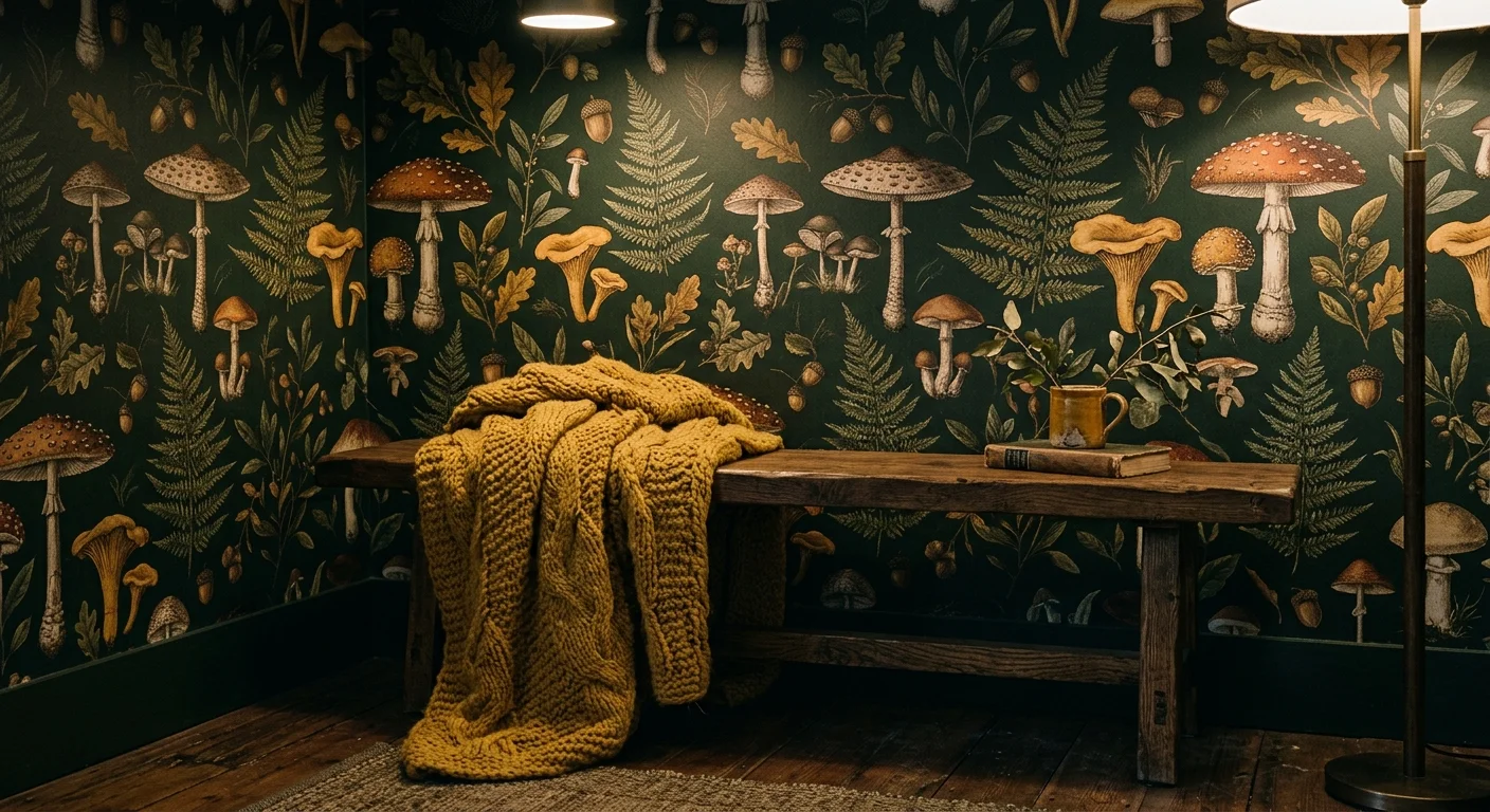 A cozy corner with dark forest green botanical wallpaper depicting ferns and mushrooms, featuring a dark wood bench with a mustard yellow bl