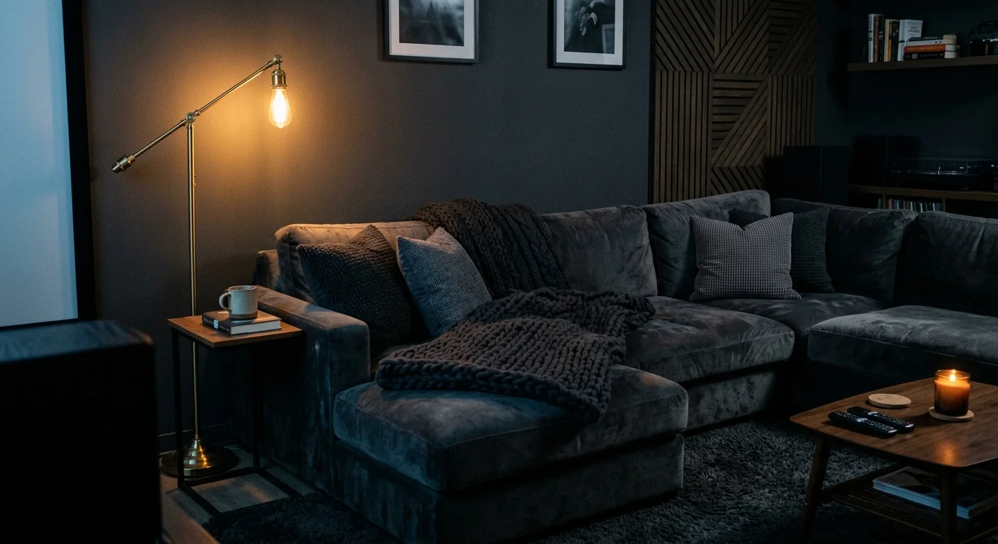 A cozy, dark media lounge with matte charcoal walls, a plush velvet sofa, and warm amber corner lighting.