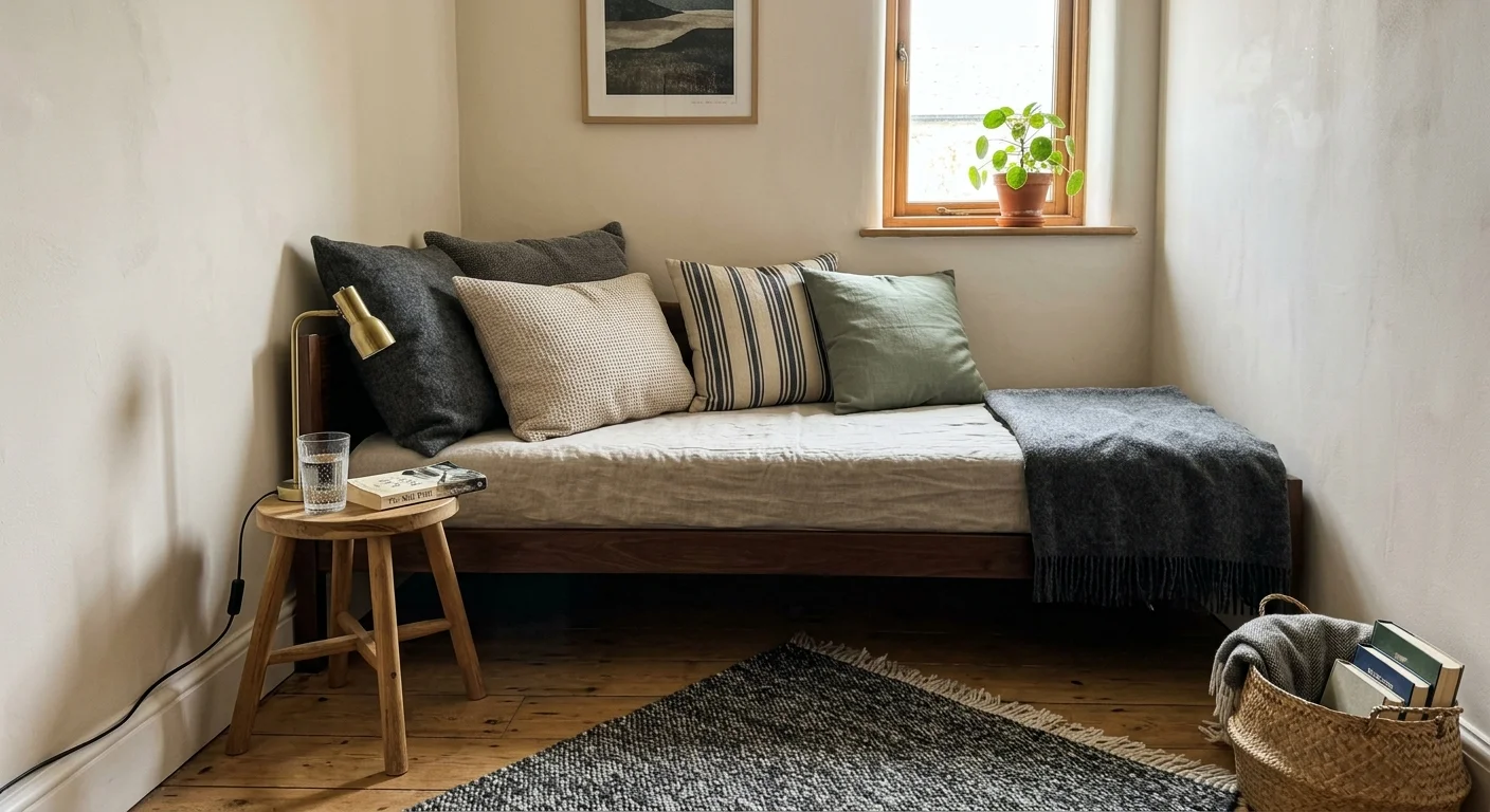 A cozy daybed tucked flush into a bedroom corner with textured pillows, a simple wooden stool, and natural window light.