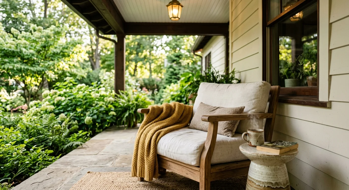 A cozy front porch corner featuring a teak lounge chair with white cushions, a yellow throw blanket, and a ceramic side table.
