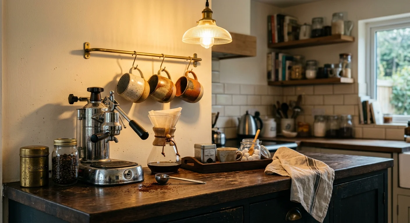 A cozy home coffee station with a manual espresso machine, ceramic mugs on a brass rack, and a wooden counter with a few coffee grounds.
