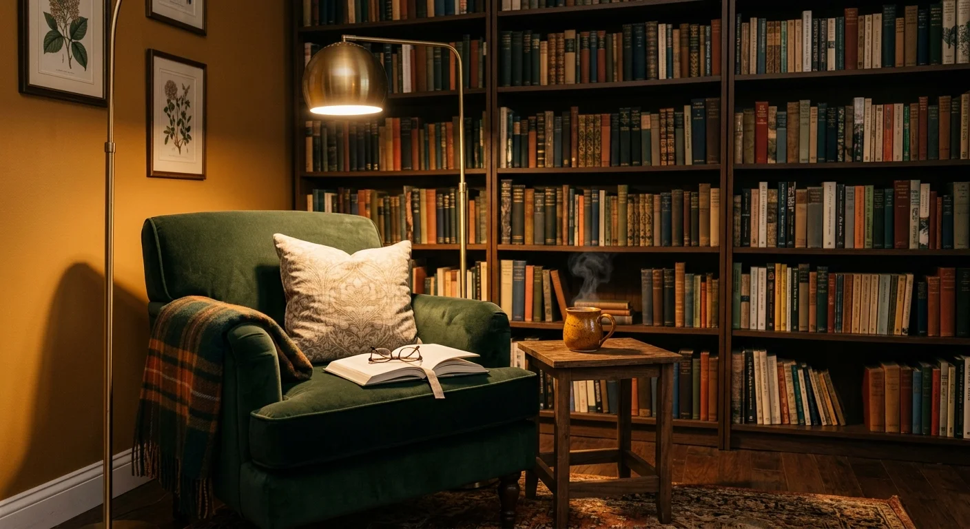 A cozy library reading corner with warm ochre walls, a green velvet armchair, and soft lamp lighting.