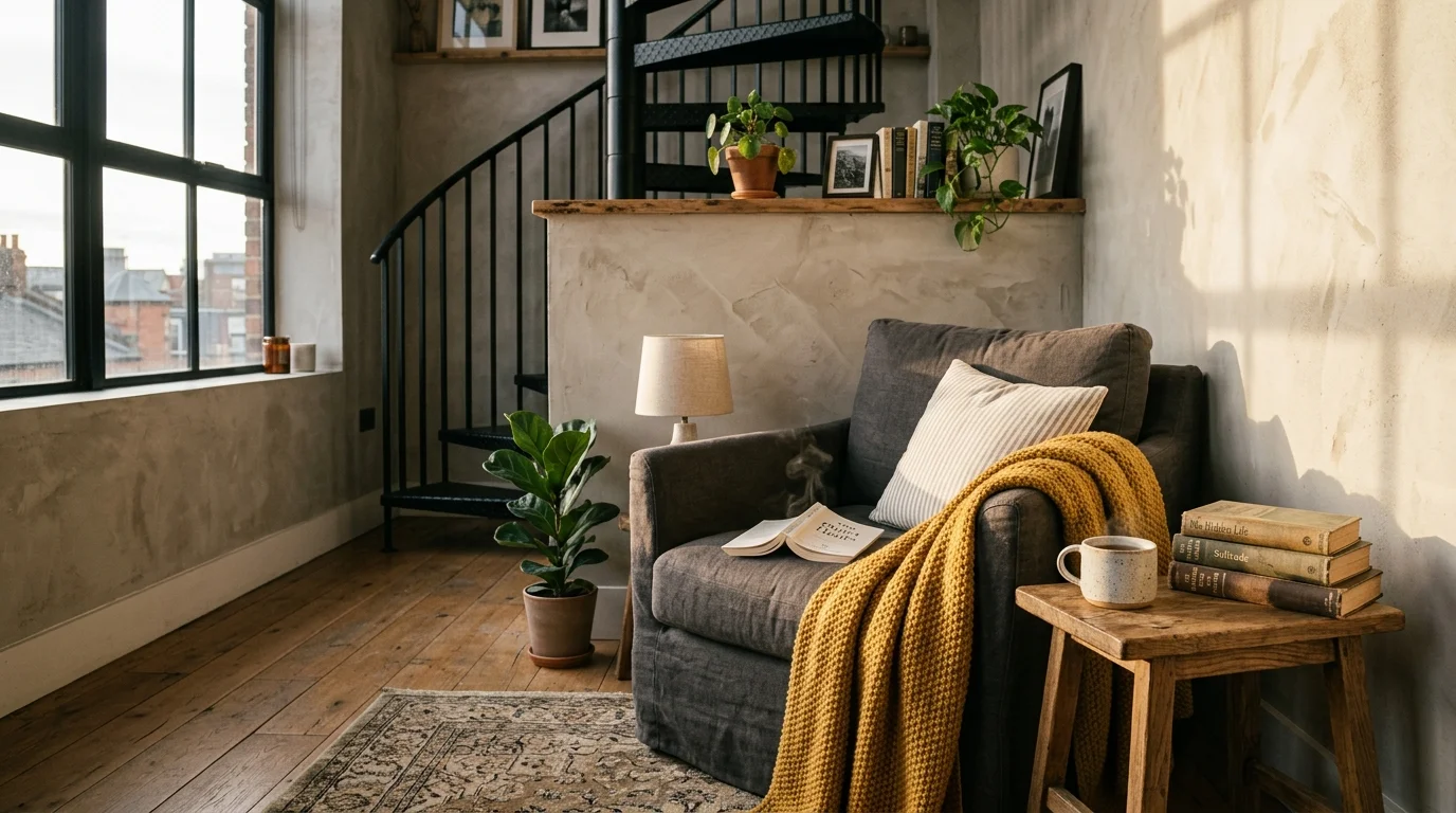 A cozy reading nook with a charcoal linen armchair against a soft-tone gray concrete render wall in warm afternoon light.
