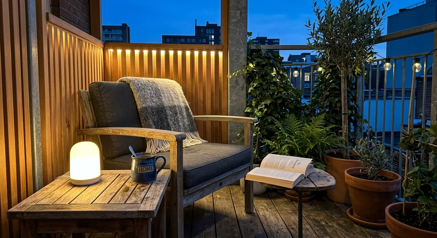 A cozy small patio at twilight, illuminated by a warm glowing cordless lamp on a table and soft background accent lighting.