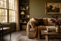 A cozy, warm living room with chocolate brown and olive green accents, a plush linen sofa with velvet pillows, and a vintage gold-framed pai