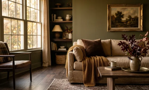 A cozy, warm living room with chocolate brown and olive green accents, a plush linen sofa with velvet pillows, and a vintage gold-framed pai