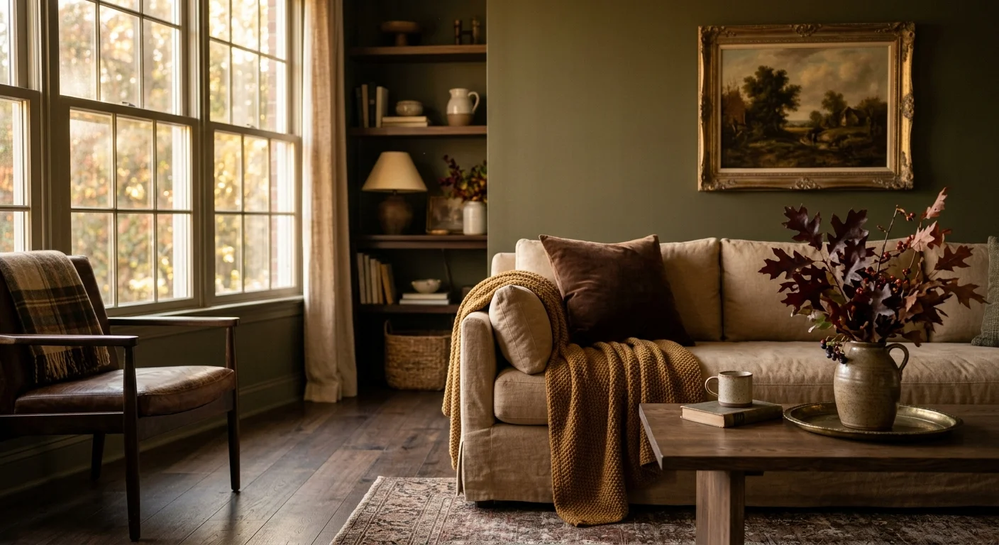 A cozy, warm living room with chocolate brown and olive green accents, a plush linen sofa with velvet pillows, and a vintage gold-framed pai