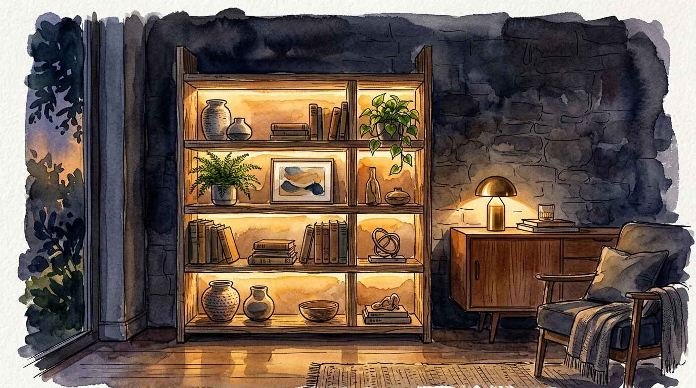 A cozy watercolor illustration of a room at night, illuminated by warm, glowing cordless lamps and hidden shelf lighting.