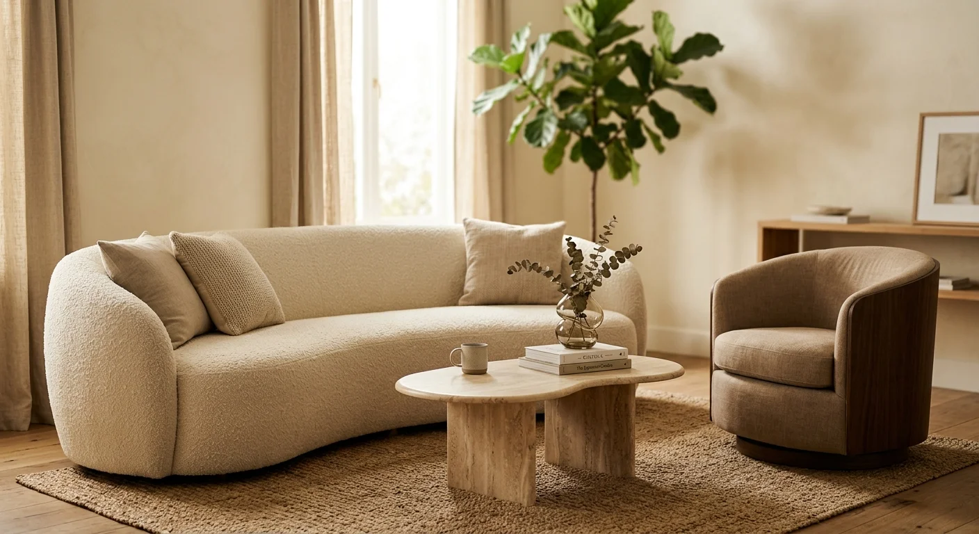 A curved cream bouclé sofa and a rounded travertine coffee table in a sunlit, modern living room.