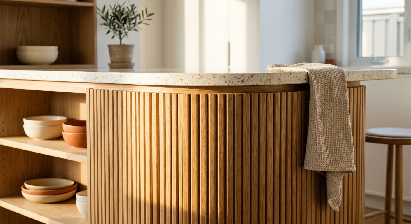 A curved kitchen island corner wrapped in reeded white oak panels under warm golden hour sunlight.