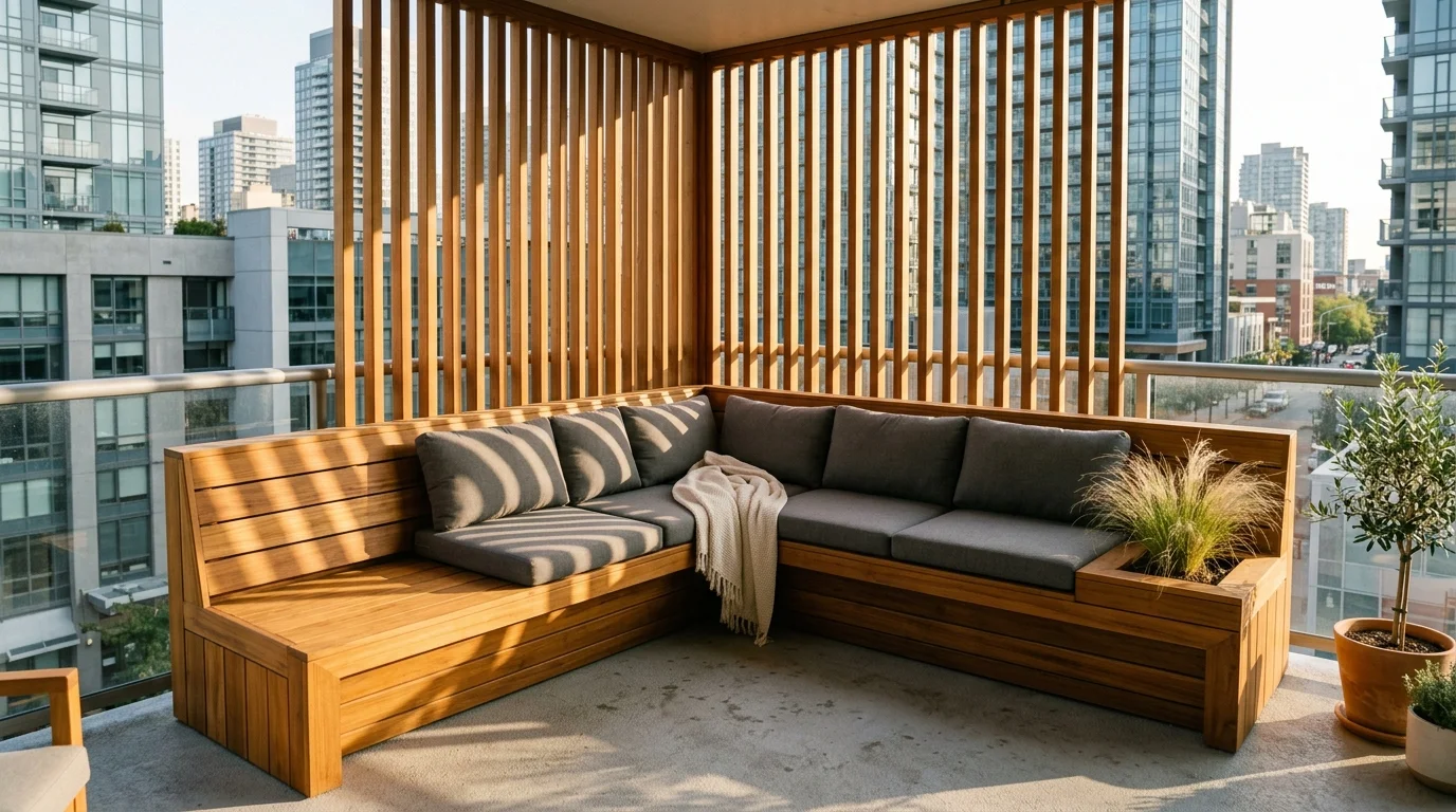 A custom L-shaped teak bench built into a matching vertical slatted wood screen on a modern urban balcony patio.