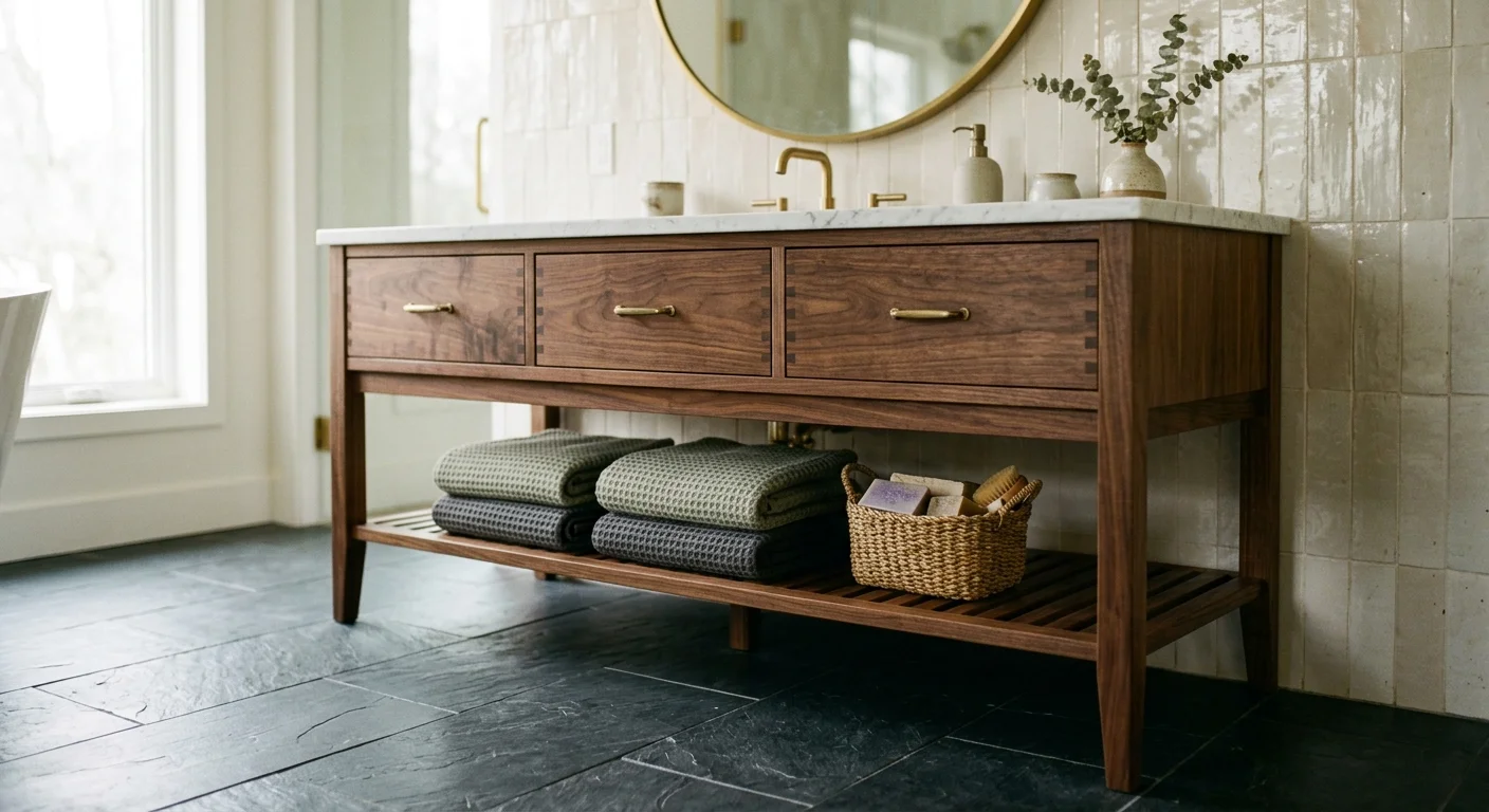 A dark walnut furniture-style bathroom vanity with tapered legs and a lower open shelf holding folded sage green towels.