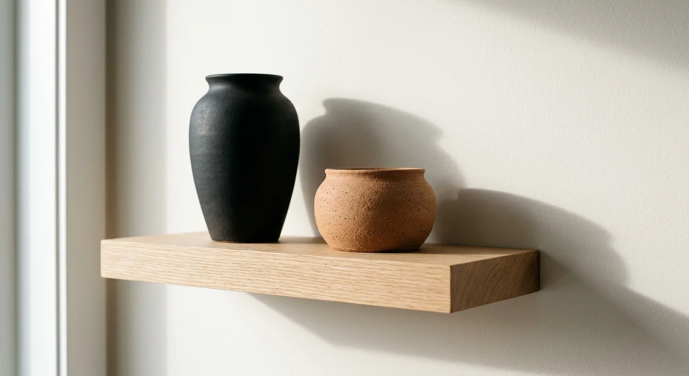 A deep oak floating shelf holding a tall matte-black urn and a low terracotta vessel, casting long shadows on a cream wall.