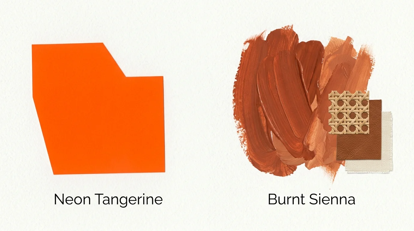 A design collage comparing a jarring neon tangerine cutout with an organic, rich burnt sienna paint swatch.