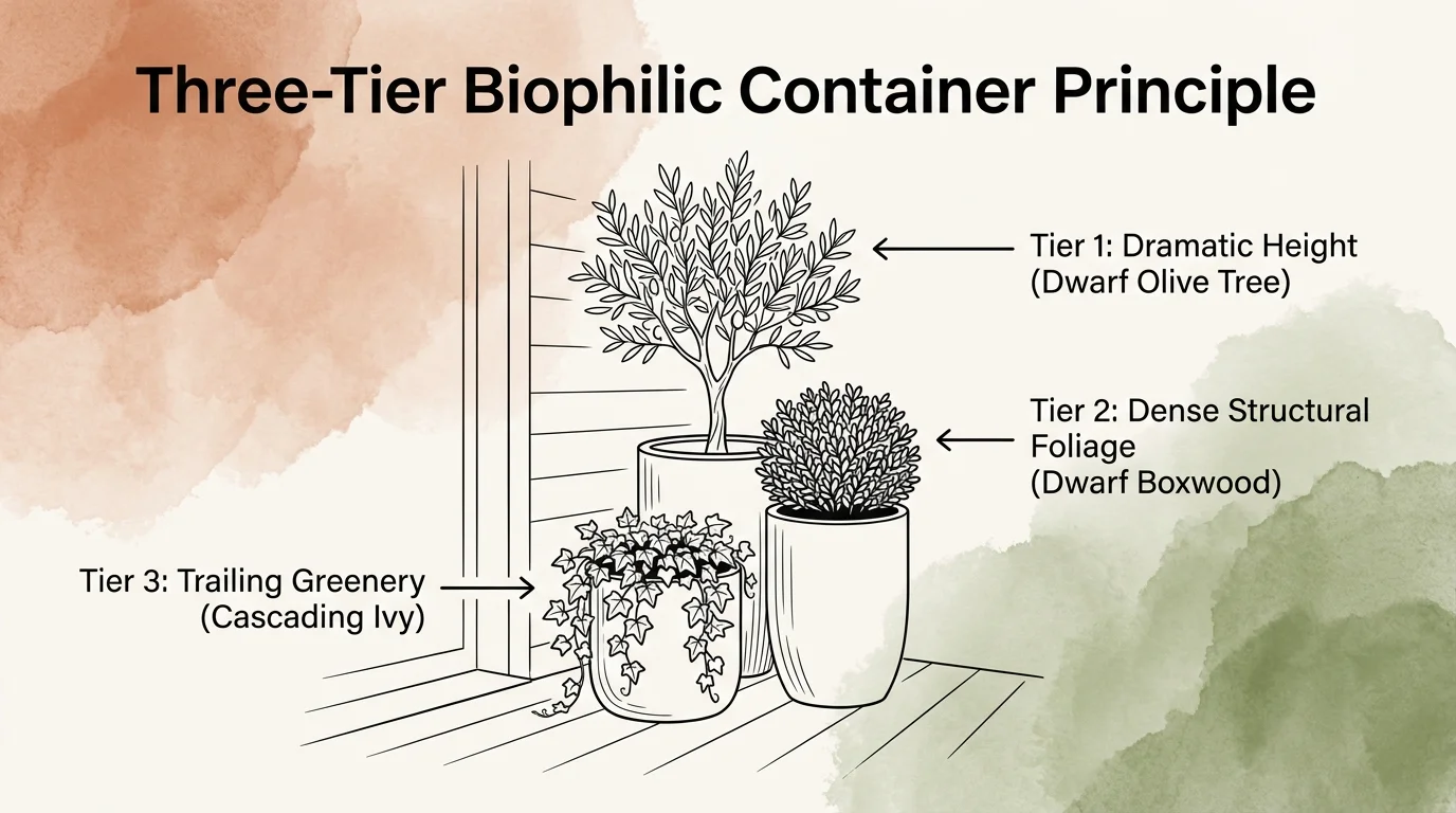 A design diagram of grouped porch planters illustrating the three tiers: dramatic height, dense structural foliage, and trailing greenery.
