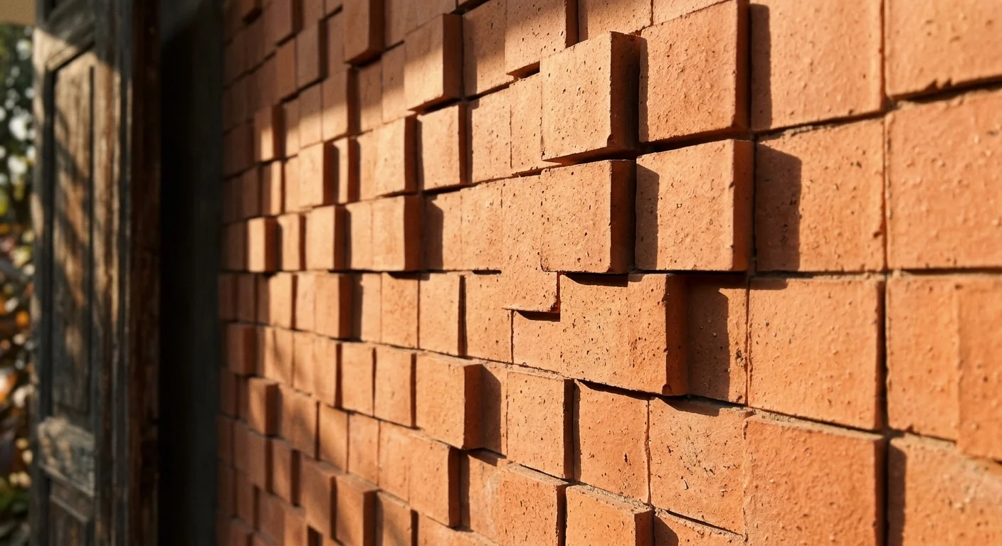 A detail snapshot of a dimensional terracotta tile wall catching warm, low-angle afternoon sunlight.