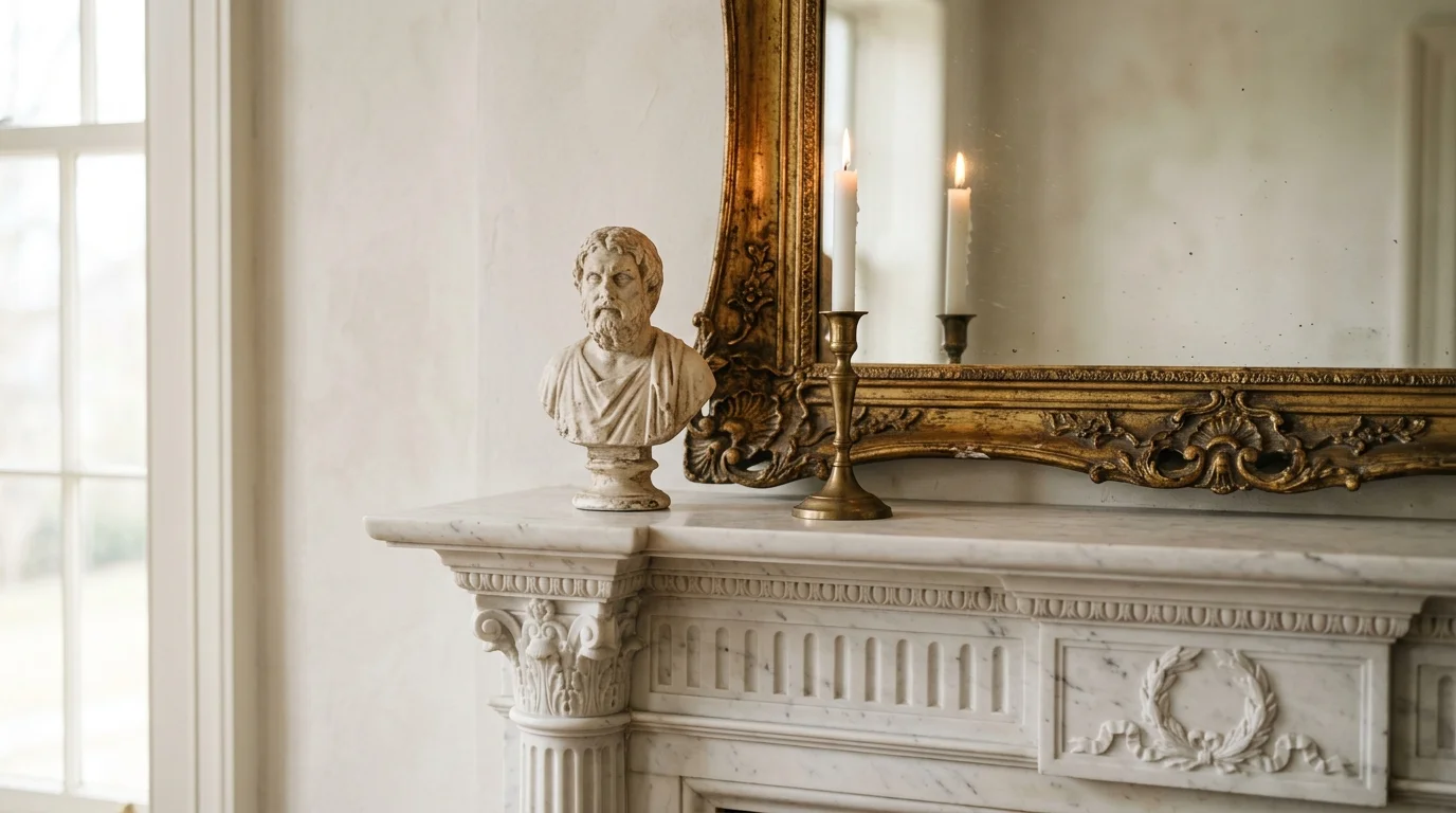 A detailed close-up of a carved marble mantelpiece with a plaster bust sculpture and an ornate gold mirror.