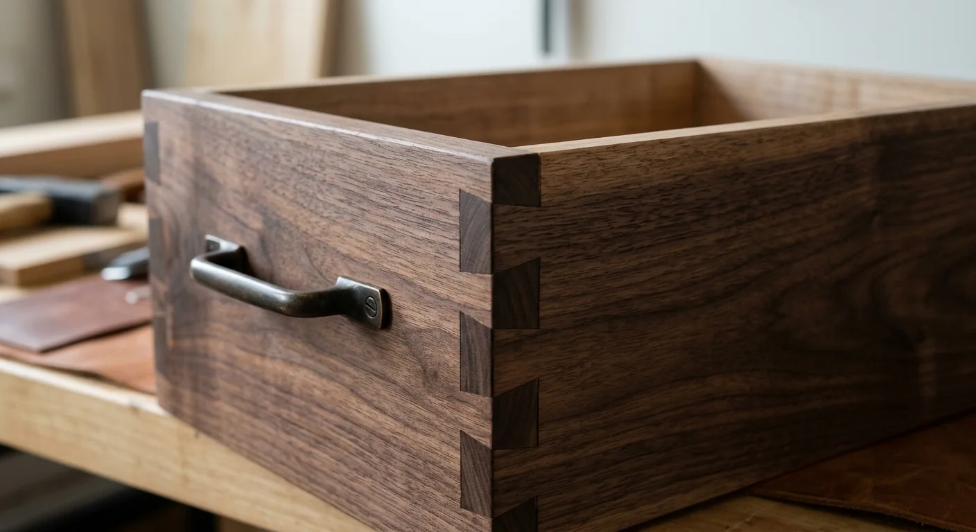 A detailed close-up of a high-quality dovetail drawer joint in rich, dark walnut wood with a bronze handle.