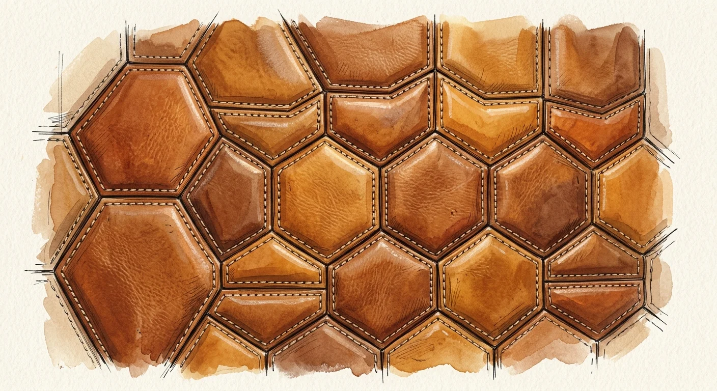 A detailed gouache illustration of tailored leather wall tiles with visible double-stitching and rich cognac patina.