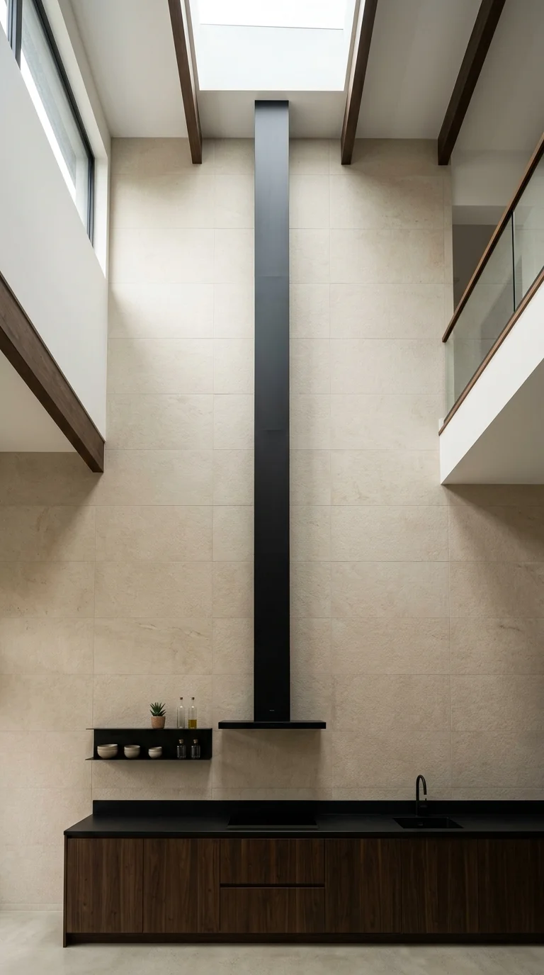 A double-height kitchen wall clad to the ceiling in large-format limestone-look porcelain tiles, with a minimal black range hood.