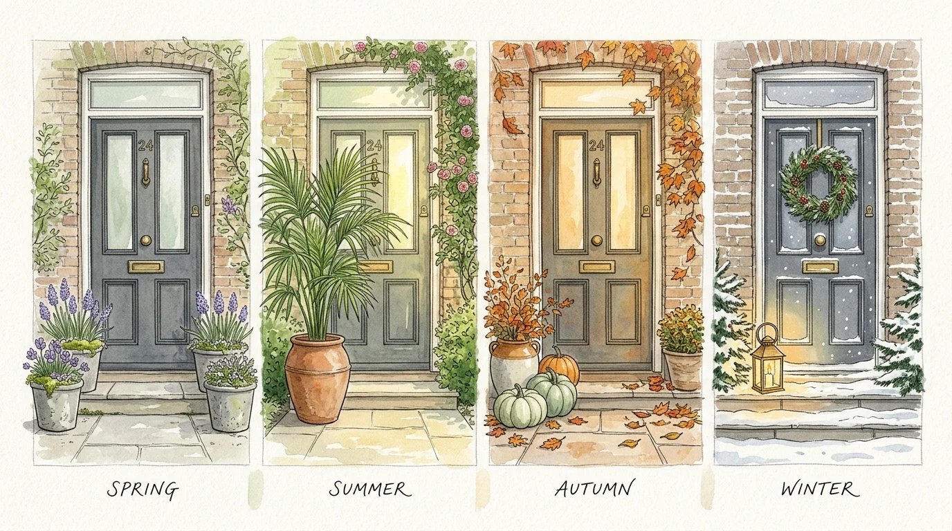 A four-panel watercolor illustration showing a front door transitioning with decor for spring, summer, autumn, and winter.