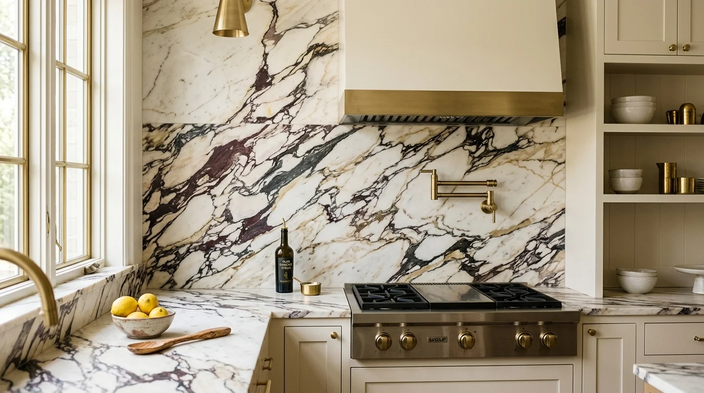 A full-height Calacatta Viola marble backsplash with dramatic purple veining behind a modern cooktop.