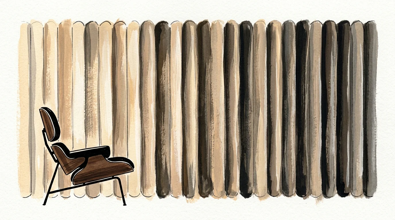 A gouache and ink illustration showing the rhythmic vertical ridges of a fluted plaster wall in warm sandy tones.