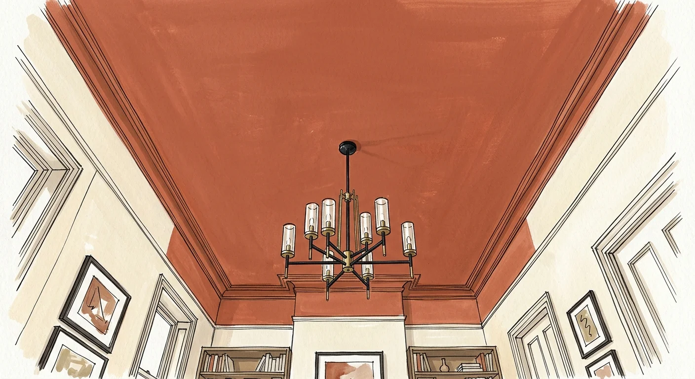 A gouache illustration looking up at a living room ceiling painted warm terracotta, featuring a modern black chandelier.