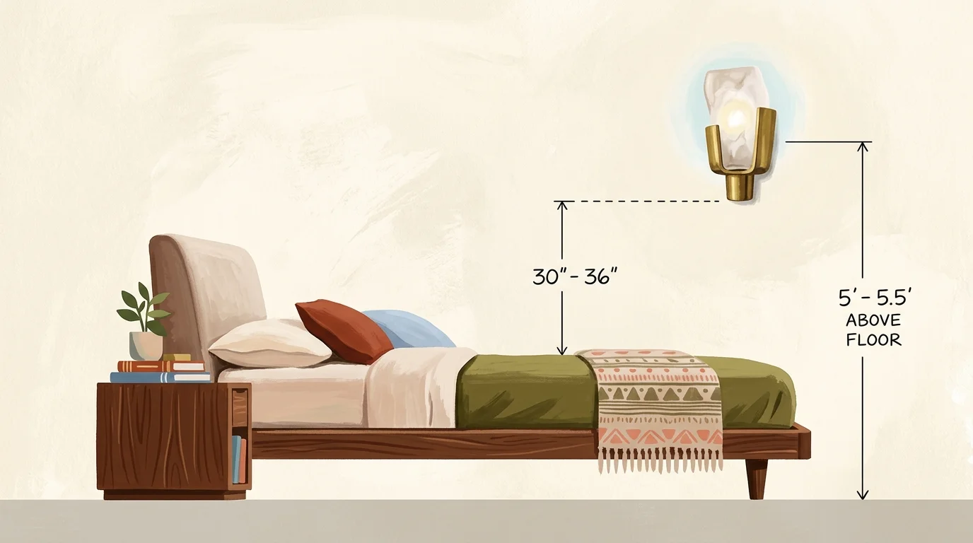A gouache illustration of a modern bedside setup featuring a sculptural alabaster wall sconce glowing above a dark wood headboard.