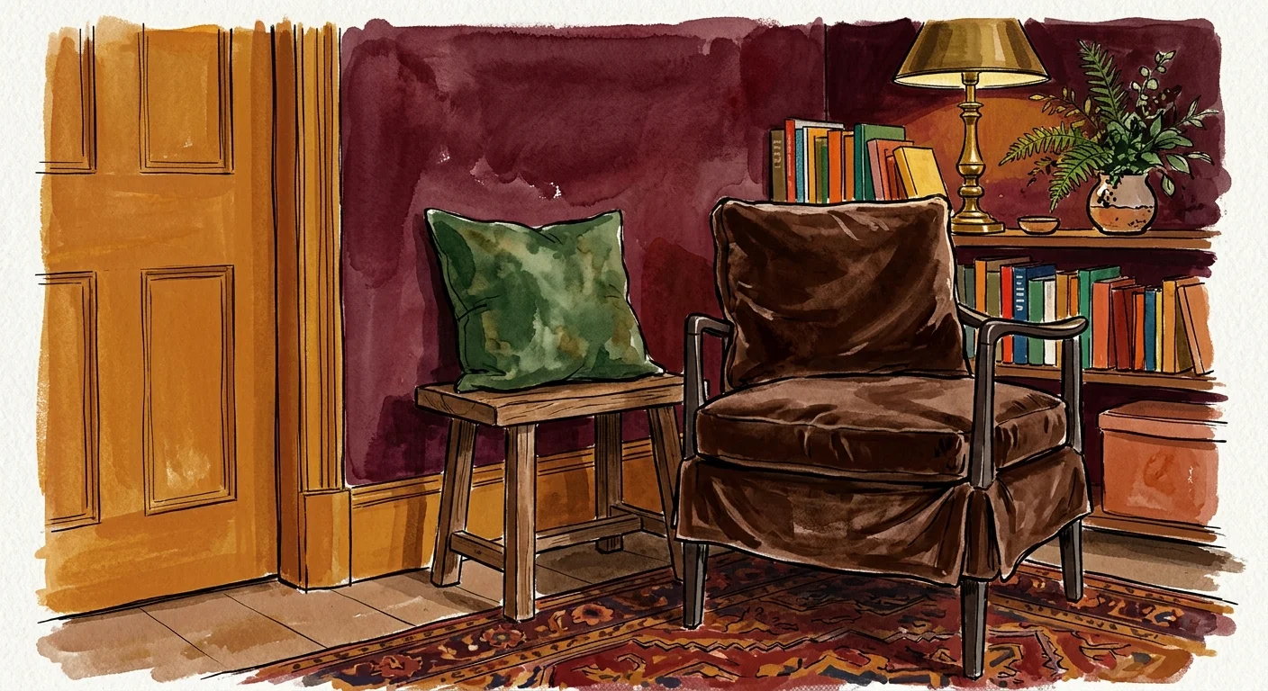 A gouache illustration of a moody room corner with a burgundy wall, an amber door, and a velvet chair in deep chocolate brown.