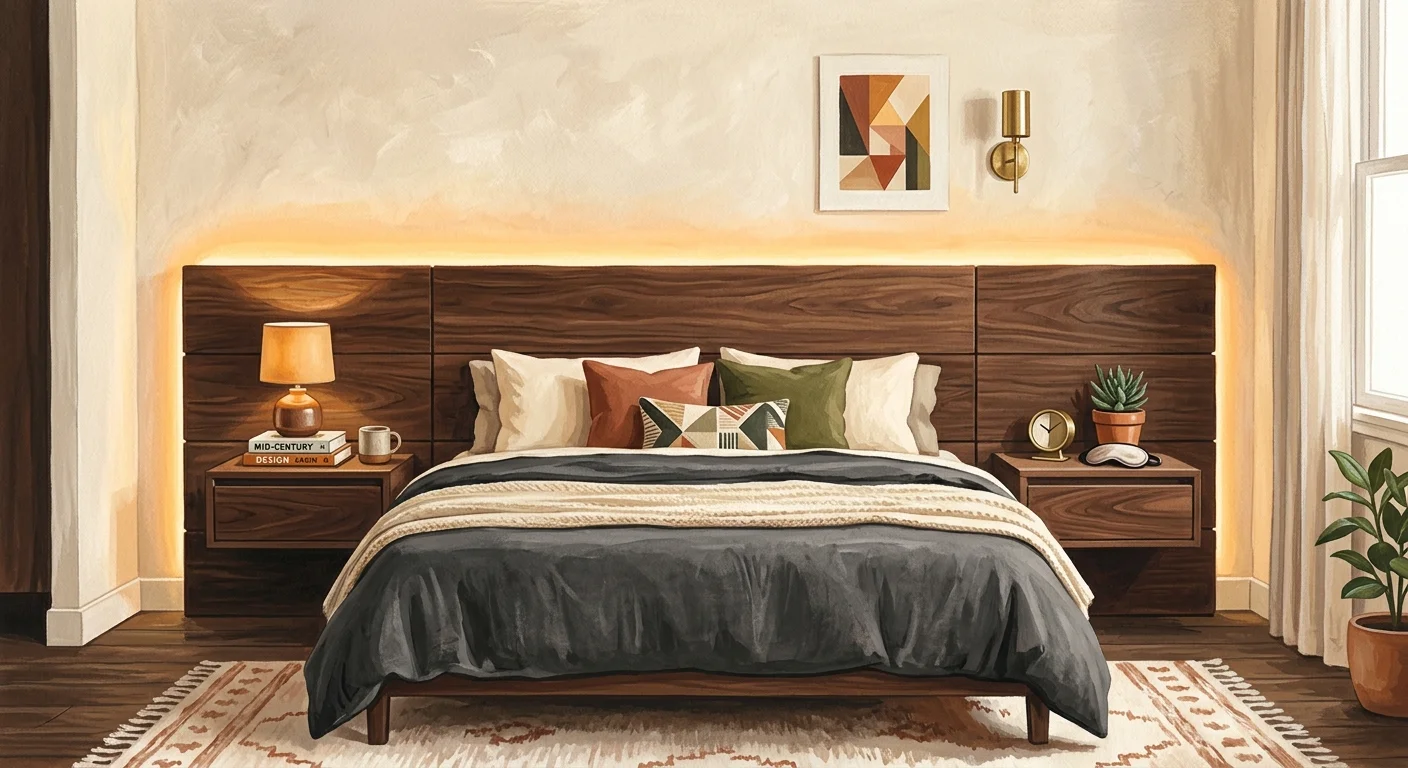 A gouache illustration of a sleek walnut headboard with integrated glowing LED backlighting, creating a warm halo on a plaster wall.